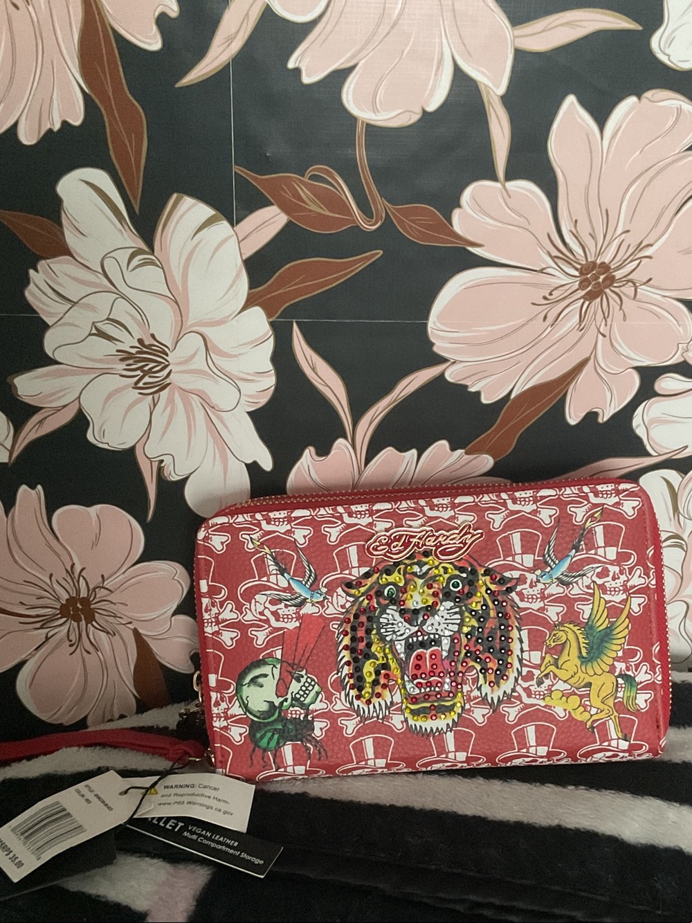 Ed Hardy Red Embellished Tiger Zip Wallet